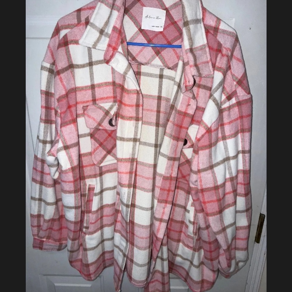 Active USA Pink and White Plaid Button-Down Shirt Jacket